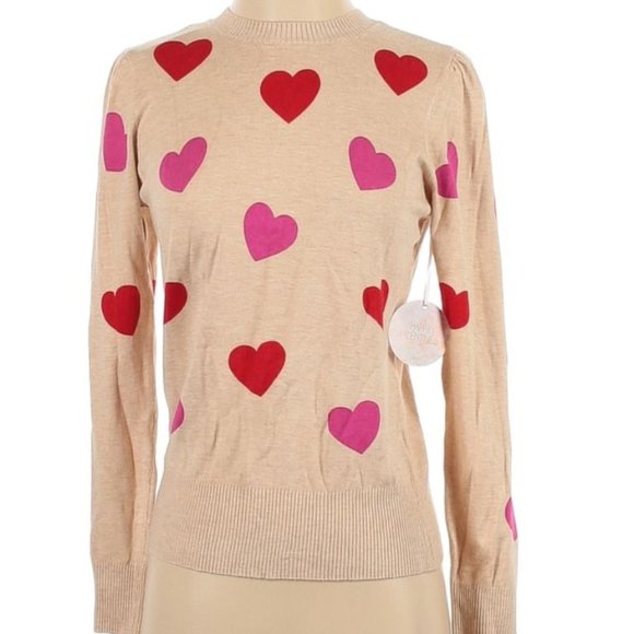 Marled Sweaters - Marled Tan Red Pink Hearts Sweater, Size M